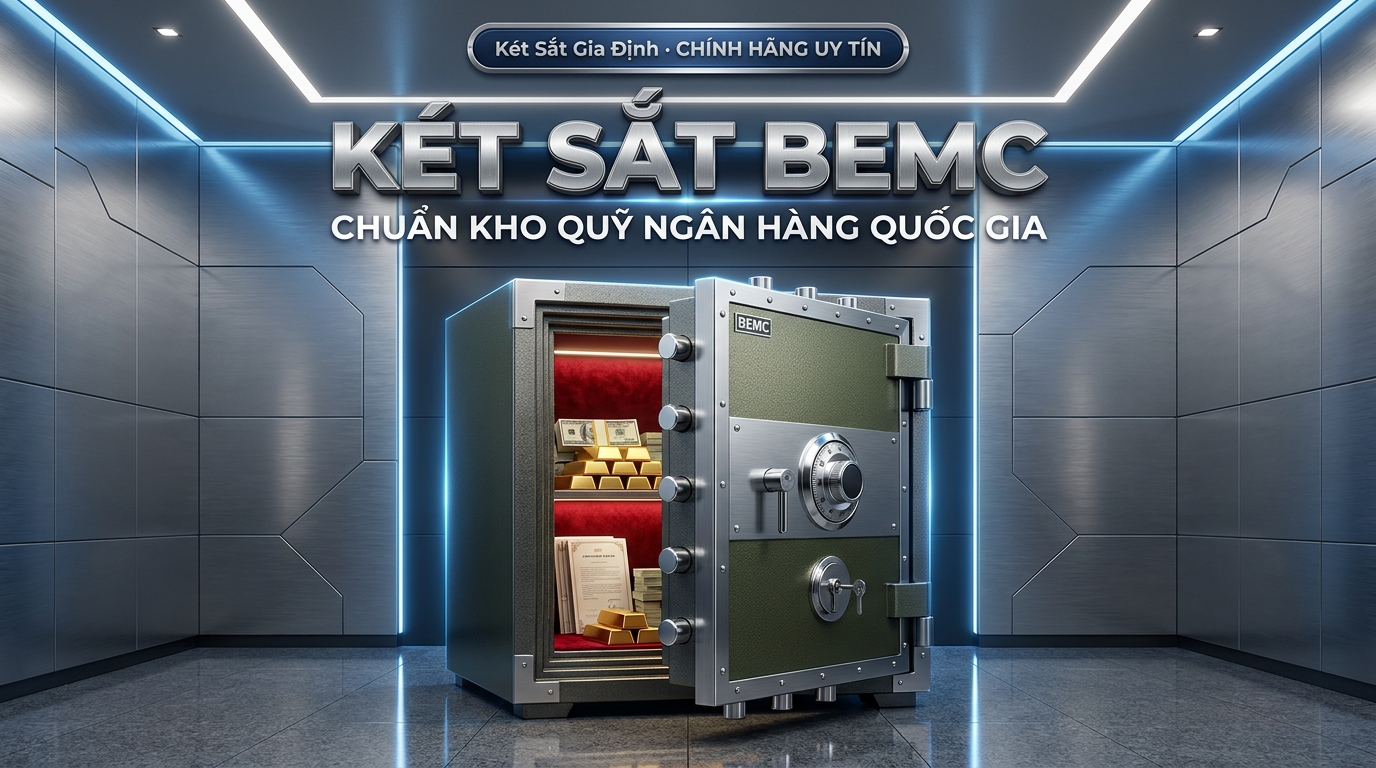 Két sắt BEMC ngân hàng chính hãng thép đúc siêu cường chống cháy 1200 độ C và chốt tự động Relocking phân phối tại Két Sắt Gia Định