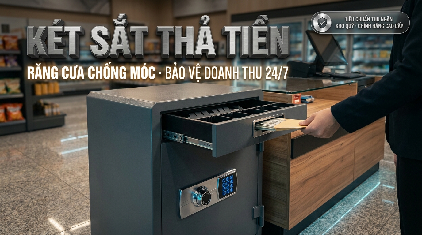 Két sắt thả tiền quầy thu ngân cơ chế răng cưa chống câu móc an toàn phân phối tại Két Sắt Gia Định