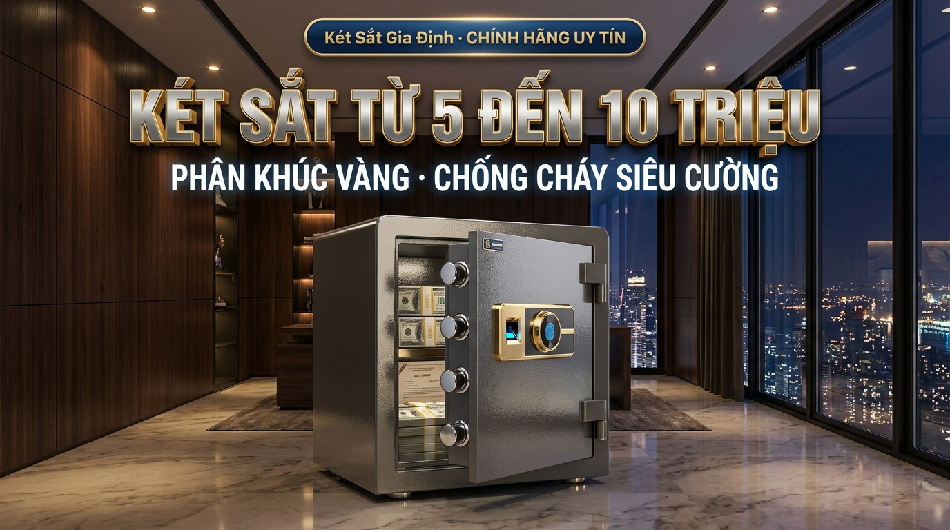Két sắt từ 5 đến 10 triệu chính hãng thân thép đúc chống cháy 1200 độ C và khóa vân tay FPC phân phối tại Két Sắt Gia Định