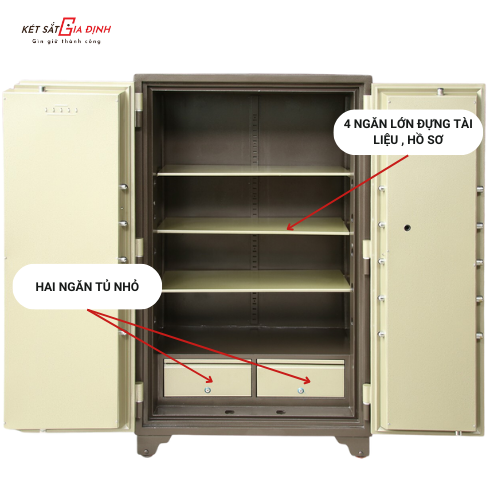 Bên trong két có 02 ngăn phụ có khóa chìa riêng + 04 ngăn lớn
